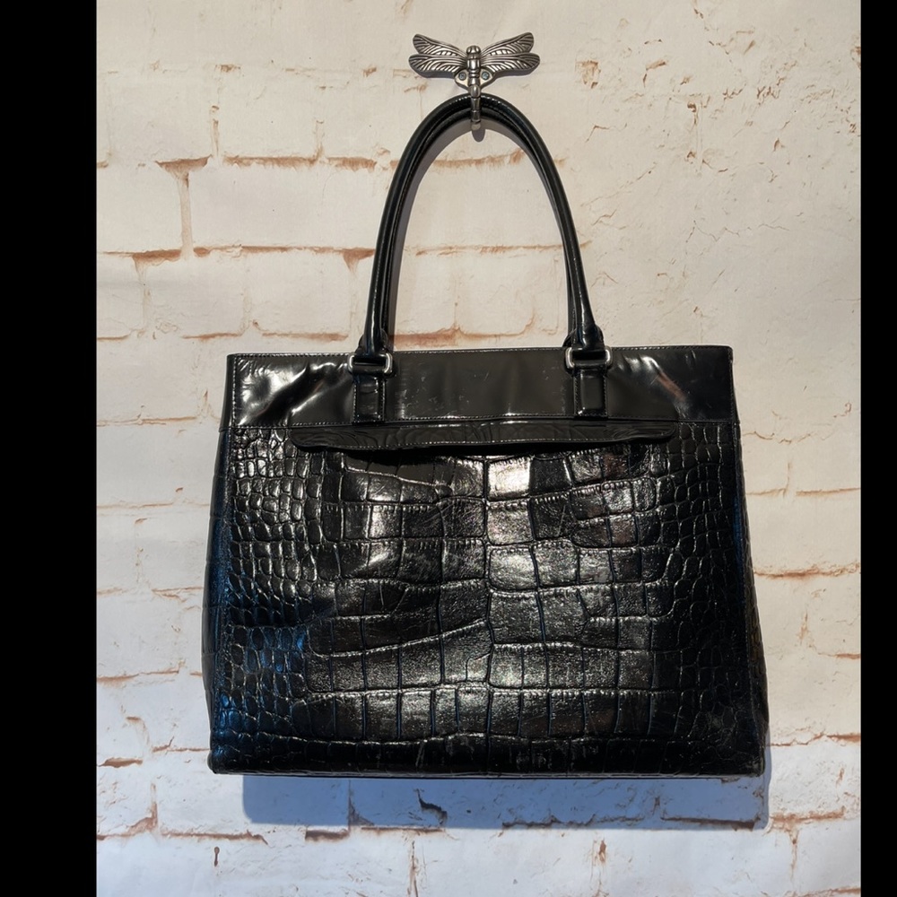 Ann Taylor Black Croc-Embossed Leather Shoulder Bag